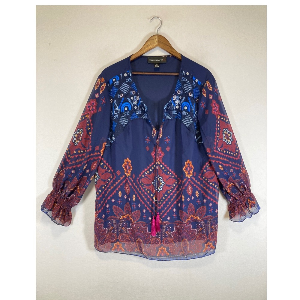 Boho Chic Colleen Lopez Womens 2X Navy Blue Embroidered Tassel‎ Chiffon Tunic